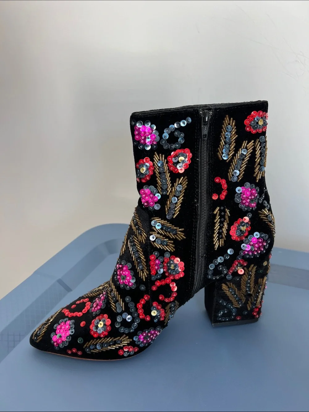 Loeffler Randall isla black velvet multicolored sequins heeled pointed toe boots - Picture 9 of 13